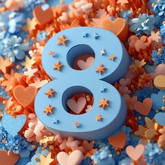 Poster - 3d paper cut numbers March 8 a festive background of abstract heart shapes and stars celebrating International Womens Day in a fun and creative way