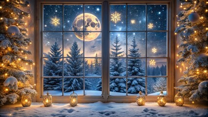 Poster - A Festive Window View of a Wintery Forest Illuminated by a Full Moon and Twinkling Lights