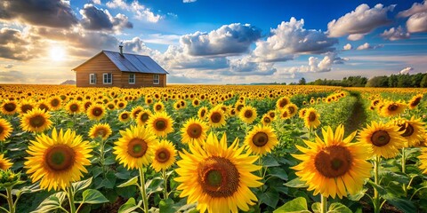 Sticker - A Rustic Farmhouse Stands Amidst a Sea of Golden Sunflowers, Basking in the Glow of a Setting Sun