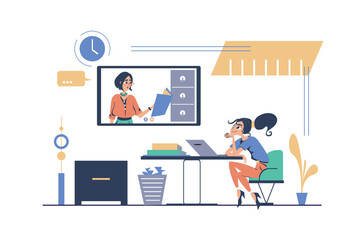 Poster - Distance learning concept in modern flat cartoon design for web. Woman watching video seminar and listening teacher, studying remotle at online trainings and doing homework. Vector illustration.