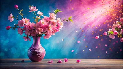 Canvas Print - A vase of pink blossoms with petals falling around it against a blue and pink background.