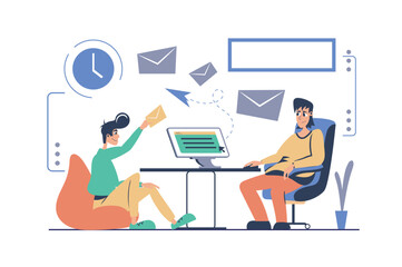 Aufkleber - Email service concept in modern flat cartoon design for web. Man chatting and sending messages, sending digital letters, receiving new inbox correspondence and spam at computer. Vector illustration.