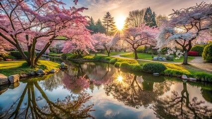 Poster - Serene Waters Reflecting a Tranquil Spring Landscape, Bathed in the Golden Hues of a Rising Sun