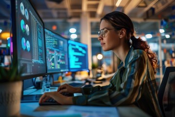 Poster - Woman backing up data to computer woman electronics hardware.