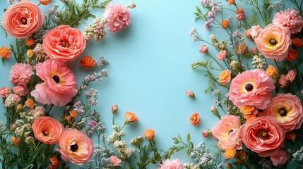 Poster - Charming flat lay featuring a Happy Mother's Day card with stunning flowers scattered around on a subtle light blue surface blending warmth and elegance