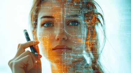 Poster - Portrait of a woman with digital interface overlay, holding a smartphone, symbolizing technology and innovation in modern life.