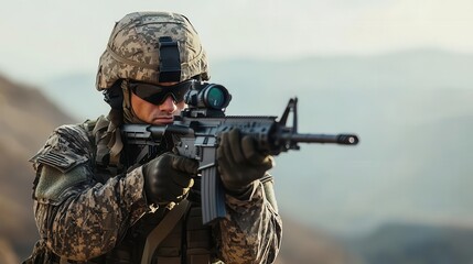 A soldier in full desert camouflage, rifle ready, scanning the horizon with a focused expression, military readiness, preparedness in extreme environments