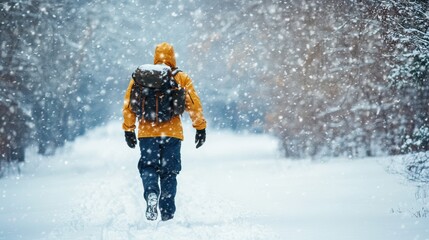 Man walking in snow with a backpack during winter