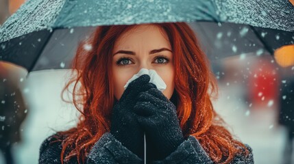 Wall Mural - Woman with red hair holding an umbrella while blowing her nose in cold weather