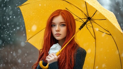 Wall Mural - Woman with red hair holding yellow umbrella and tissue in cold rain