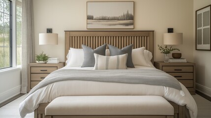 Wall Mural - This rustic bedroom features warm wood textures, fluted headboard details, and soft linen bedding for a tranquil atmosphere