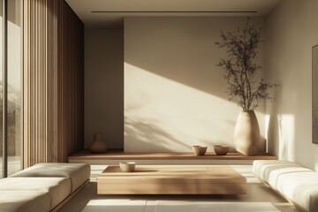 Wall Mural - The Japandi living room features minimalist wood furniture and elegant ceramic vases against soft ribbed wall panels