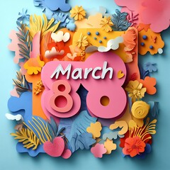 Poster - Dynamic scene with March 8 in 3D paper cut style set against a colorful abstract background with overlapping shapes and patterns for International Womens Day