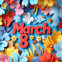 Poster - Dynamic scene with March 8 in 3D paper cut style set against a colorful abstract background with overlapping shapes and patterns for International Womens Day