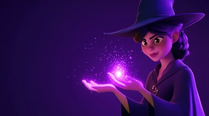 3D character close up portrait of a white woman dressed as a witch, casting a spell with glowing hands, on a deep purple gradient backdrop, copy space, cute cartoon style, in the style of 3D design