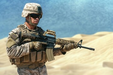 Rifle-wielding soldier in desert camo standing against a backdrop of sand dunes, intense expression of readiness, military focus, highlighting preparation and strength