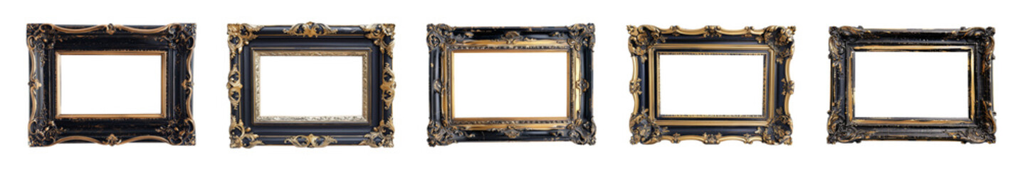 Wall Mural - antique gold and black picture rectangular frames isolated on a transparent or white background, cut out, PNG