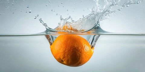 Wall Mural - minimalist photo of orange slice falling into water on black background