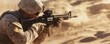 © Emma - Soldier in desert gear holding rifle, focused expression as sand blows around, hot sun casting long shadows, combat focus, preparedness and resolve in challenging conditions