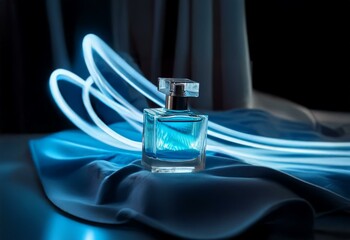 Poster - A blue glass bottle of perfume sits on a blue fabric with glowing blue light in the background.