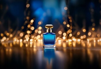 Poster - A blue perfume bottle with a gold cap sits on a reflective surface in front of a blurred background of warm, yellow lights.