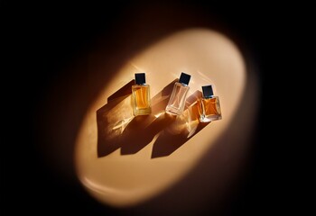 Poster - Three perfume bottles lie on a textured tan surface under a spotlight.