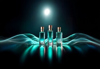 Three perfume bottles with gold accents stand in the middle of a swirling blue smoke on a black background, with a soft light shining on the bottles.