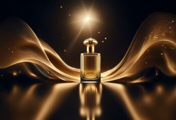 Poster - A golden perfume bottle sits on a dark background, with a glowing light shining on the bottle. The bottle is surrounded by golden, abstract waves of light.