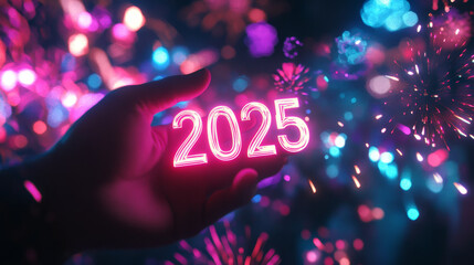 hand holds glowing neon 2025 sign, symbolizing hope and anticipation for new year.