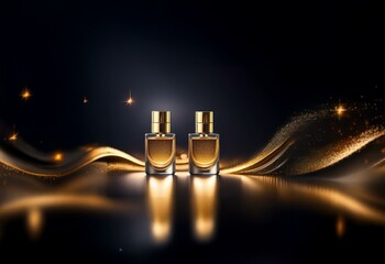 Two gold and glass perfume bottles sit on a black background with a wavy gold fabric and a sparkle effect.