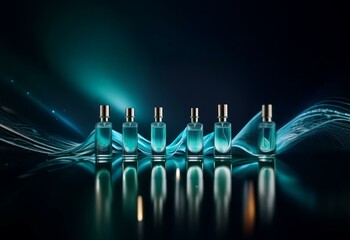 Row of six perfume bottles with blue liquid against a teal and black background. The bottles have gold tops and are lined up in a row with reflections on the black surface.