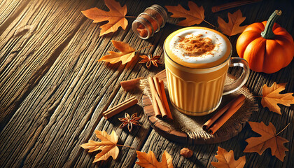 Pumpkin Spice Latte on Rustic Wooden Table, Center-Left Horizontal