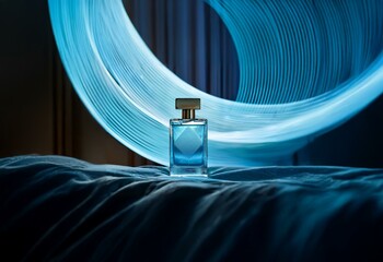 Poster - A blue glass perfume bottle with a gold cap sits on a blue fabric surface. A light blue abstract background with blurred lines is behind it.