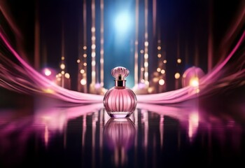 Aufkleber - A glass perfume bottle sits in the center of a reflective surface, surrounded by a swirling pink light and blurred orbs of light.