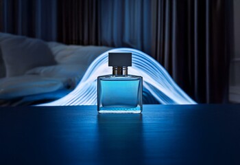 Poster - A blue perfume bottle sits on a table lit by a soft blue light.