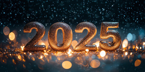 Year 2025 made of glittery letters and shining Christmas decorations. New Years' Eve celebration, festive banner.