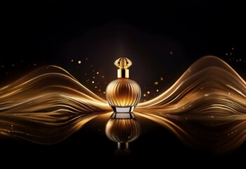 Poster - A golden perfume bottle rests on a black surface surrounded by shimmering gold light trails.