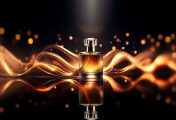 Aufkleber - A perfume bottle stands against a black background with golden light emanating from behind.