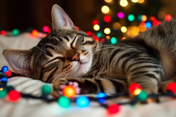 Tabby cat sleeping peacefully on a colorful blanket adorned with Christmas lights evoking warmth coziness and the festive spirit in a relaxed indoor setting