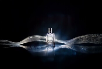 A single perfume bottle, with a silver cap,  is placed on a black background with a white translucent fabric flowing behind it.