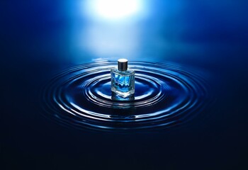 Poster - A small glass bottle rests in the center of blue water, creating concentric ripples.