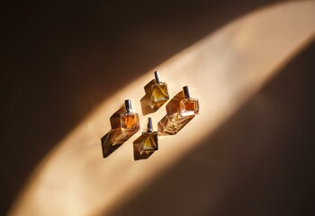 Poster - Four small perfume bottles on a beige background with sunlight and shadows.