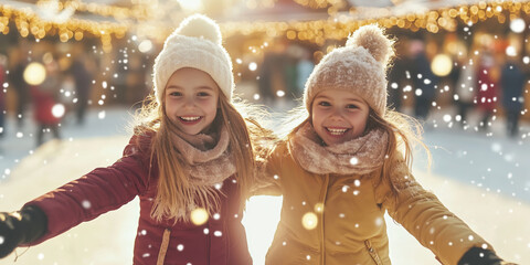 Two cheerful girls having fun together on skating rink on Christmas market. Two little friends skating on sunny winter day.