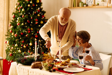 A delightful moment as a senior couple enjoys a festive Christmas dinner at home, surrounded by joy.