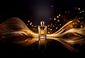 Aufkleber - A glass bottle of perfume sits on a dark, reflective surface.  Golden lines create a soft wave behind the bottle.