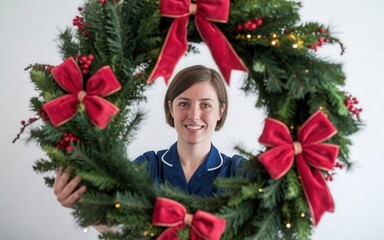 Nurse Holding Christmas Wreath.