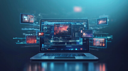 virtual networking concept: a laptop displaying screens showing content creation and media streaming