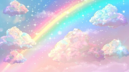 Canvas Print - Holographic fantasy rainbow unicorn background with clouds. Pastel color sky