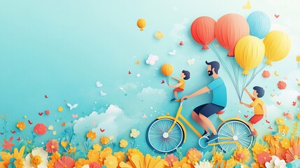 Poster - Vibrant paper cut style illustration for a Happy Father's Day card featuring a handsome man bicycling with his children holding colorful air balloons set against a cheerful backdrop