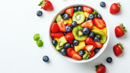 A delightful fruit salad bowl bursting with colors from strawberries, blueberries, and kiwi, artfully arranged on a crisp white background.